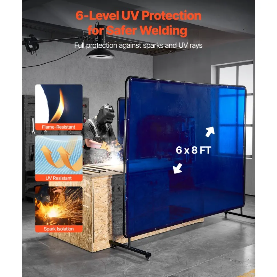 VEVOR Welding Screen with Frame, 6 x 8 FT Welding Curtain Screen, Flame-Resistant Vinyl Safety Protection Screens with Lockable Swivel Wheels & 6-Level UV Protection for Workshop/Industrial Use, Blue