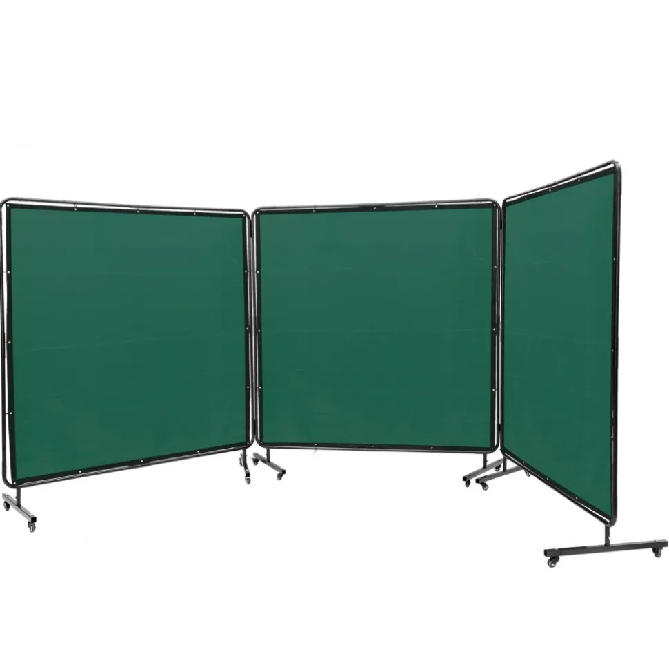 VEVOR Welding Screen with Frame, 6' x 6' 3 Panel Welding Curtain Screens, Flame-Resistant Vinyl Welding Protection Screen on 12 Swivel Wheels (6 Lockable), Moveable & Professional for Workshop, Green