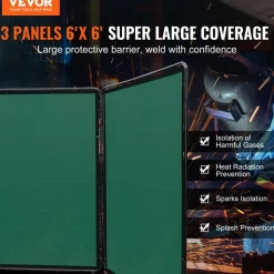 VEVOR Welding Screen with Frame, 6' x 6' 3 Panel Welding Curtain Screens, Flame-Resistant Vinyl Welding Protection Screen on 12 Swivel Wheels (6 Lockable), Moveable & Professional for Workshop, Green