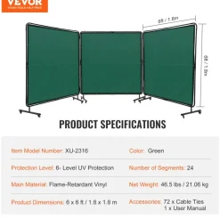 VEVOR Welding Screen with Frame, 6' x 6' 3 Panel Welding Curtain Screens, Flame-Resistant Vinyl Welding Protection Screen on 12 Swivel Wheels (6 Lockable), Moveable & Professional for Workshop, Green
