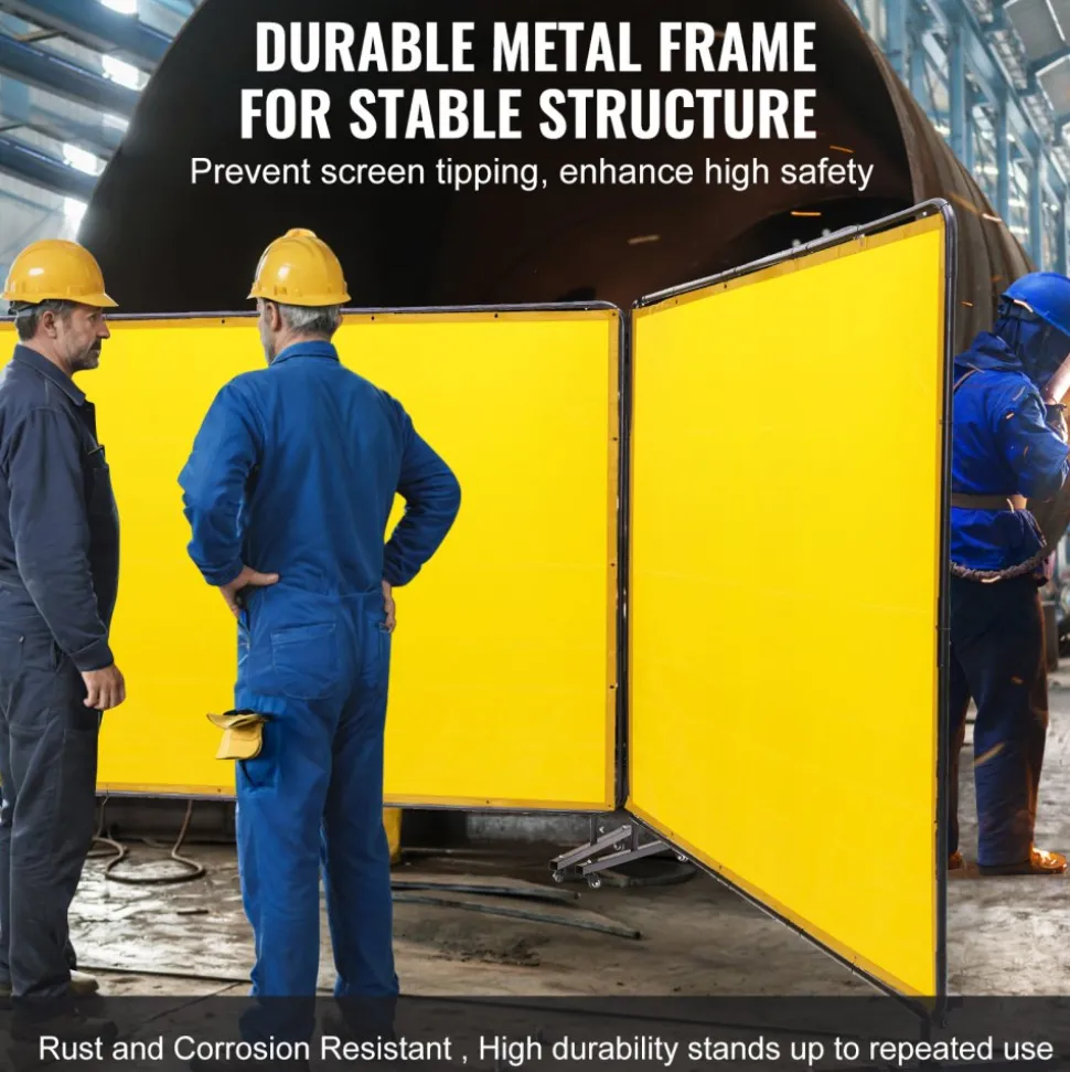 VEVOR Welding Screen with Frame, 6' x 8' 3 Panel Welding Curtain Screens, Flame-Resistant Vinyl Welding Protection Screen on 12 Swivel Wheels (6 Lockable), Moveable & Professional for Workshop, Yellow