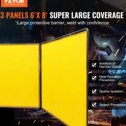 VEVOR Welding Screen with Frame, 6' x 8' 3 Panel Welding Curtain Screens, Flame-Resistant Vinyl Welding Protection Screen on 12 Swivel Wheels (6 Lockable), Moveable & Professional for Workshop, Yellow