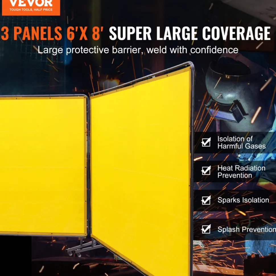 VEVOR Welding Screen with Frame, 6' x 8' 3 Panel Welding Curtain Screens, Flame-Resistant Vinyl Welding Protection Screen on 12 Swivel Wheels (6 Lockable), Moveable & Professional for Workshop, Yellow