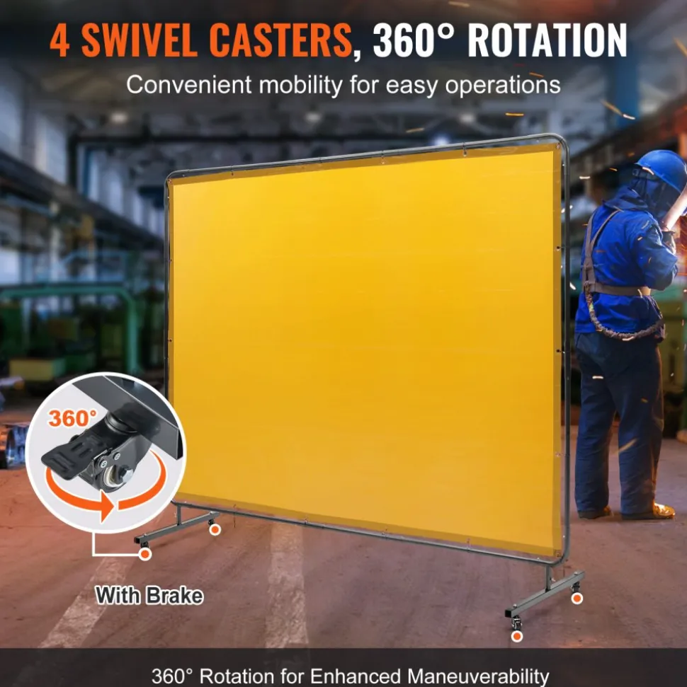 VEVOR Welding Screen with Frame, 6' x 8' Welding Curtain Screen, Flame-Resistant Vinyl Welding Protection Screen on 4 Swivel Wheel (2 Lockable), Moveable & Professional for Workshop/Industrial, Yellow