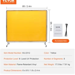 VEVOR Welding Screen with Frame, 6' x 8' Welding Curtain Screen, Flame-Resistant Vinyl Welding Protection Screen on 4 Swivel Wheel (2 Lockable), Moveable & Professional for Workshop/Industrial, Yellow