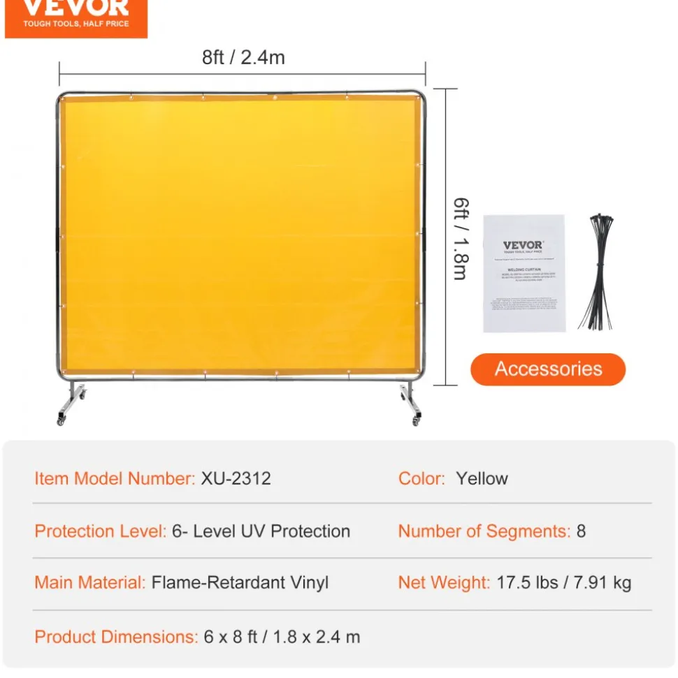 VEVOR Welding Screen with Frame, 6' x 8' Welding Curtain Screen, Flame-Resistant Vinyl Welding Protection Screen on 4 Swivel Wheel (2 Lockable), Moveable & Professional for Workshop/Industrial, Yellow