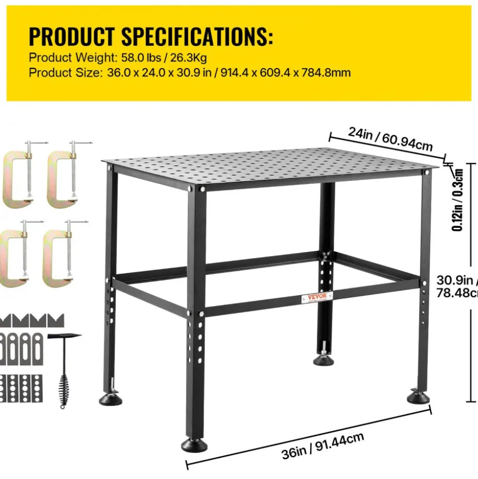 VEVOR Welding Table 36" x 24", 800LBS Capacity Welding Workbench Table, Heavy-Duty Work Bench with 0.63" Fixture Holes and Non-slip Foot Pads for Welding Assembly Repair Works