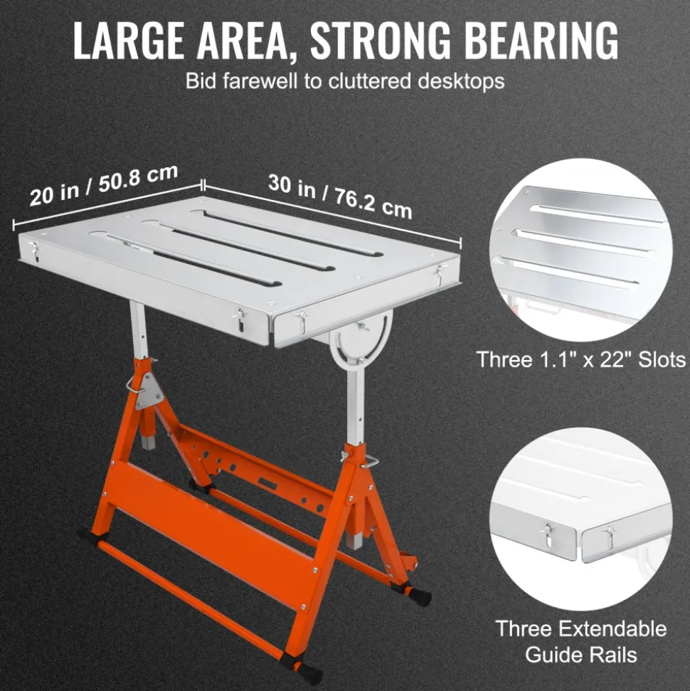 VEVOR Welding Table 30" x 20", 400lbs Load Capacity Steel Welding Workbench Table on Wheels, Folding Work Bench with Three 1.1" Slot, 3 Tilt Angles, Adjustable Height, Retractable Guide Rails