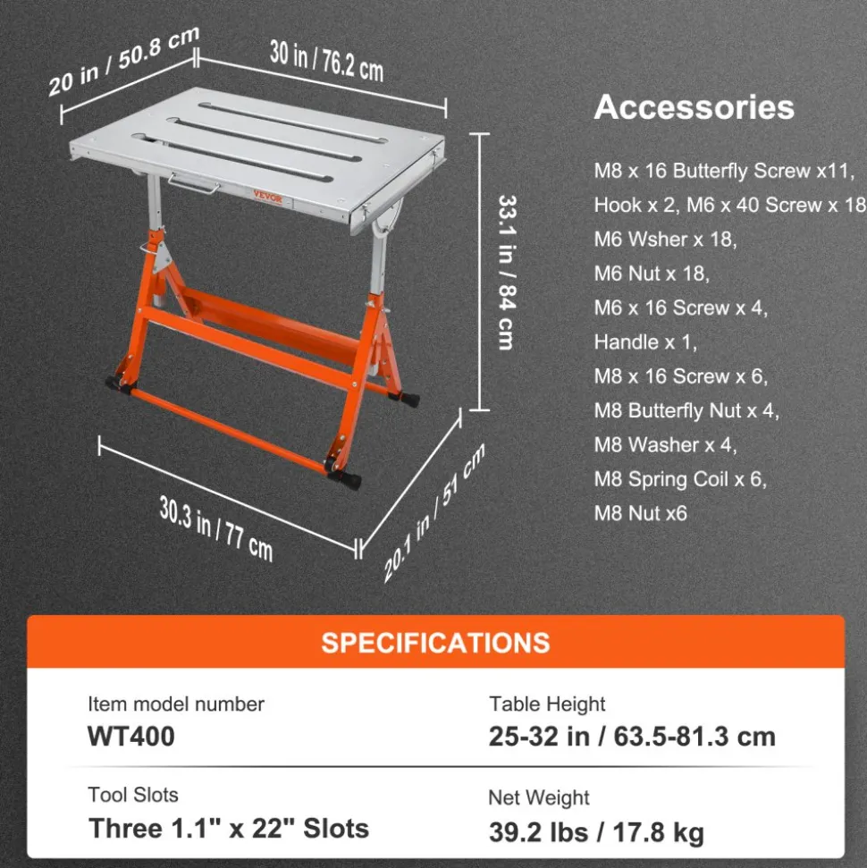 VEVOR Welding Table 30" x 20", 400lbs Load Capacity Steel Welding Workbench Table on Wheels, Folding Work Bench with Three 1.1" Slot, 3 Tilt Angles, Adjustable Height, Retractable Guide Rails