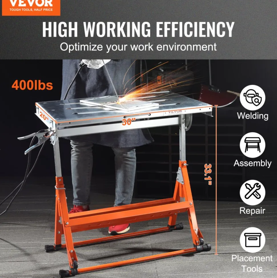 VEVOR Welding Table 30" x 20", 400lbs Load Capacity Steel Welding Workbench Table on Wheels, Folding Work Bench with Three 1.1" Slot, 3 Tilt Angles, Adjustable Height, Retractable Guide Rails