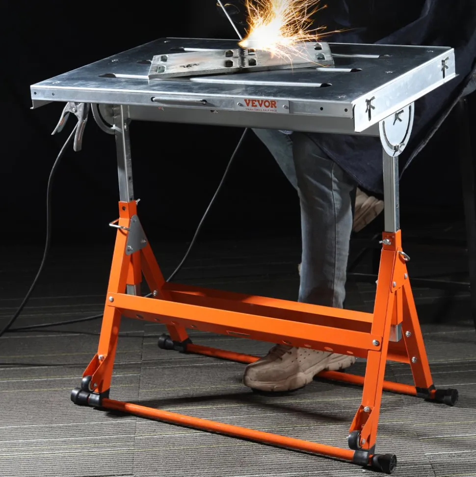 VEVOR Welding Table 30" x 20", 400lbs Load Capacity Steel Welding Workbench Table on Wheels, Folding Work Bench with Three 1.1" Slot, 3 Tilt Angles, Adjustable Height, Retractable Guide Rails
