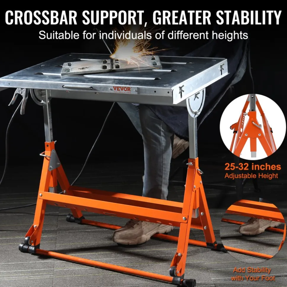 VEVOR Welding Table 30" x 20", 400lbs Load Capacity Steel Welding Workbench Table on Wheels, Folding Work Bench with Three 1.1" Slot, 3 Tilt Angles, Adjustable Height, Retractable Guide Rails