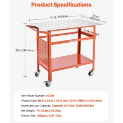 VEVOR Welding Table, 40" x 24" Welding Workbench Table with 800LBS Static Weight Capacity, Movable Steel Work Bench with 4 Wheels (2 with Brake), Double-Layer Storage Board and 5/8-inch Fixture Holes
