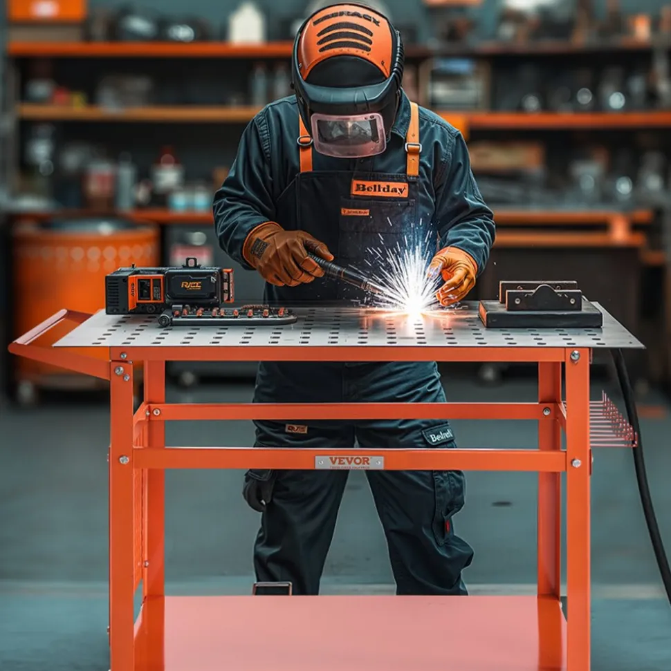 VEVOR Welding Table, 40" x 24" Welding Workbench Table with 800LBS Static Weight Capacity, Movable Steel Work Bench with 4 Wheels (2 with Brake), Double-Layer Storage Board and 5/8-inch Fixture Holes