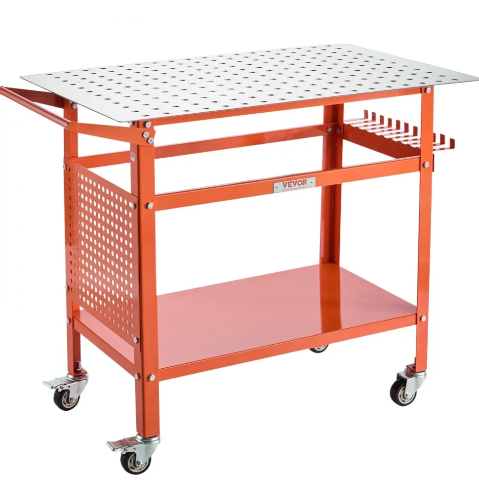 VEVOR Welding Table, 40" x 24" Welding Workbench Table with 800LBS Static Weight Capacity, Movable Steel Work Bench with 4 Wheels (2 with Brake), Double-Layer Storage Board and 5/8-inch Fixture Holes