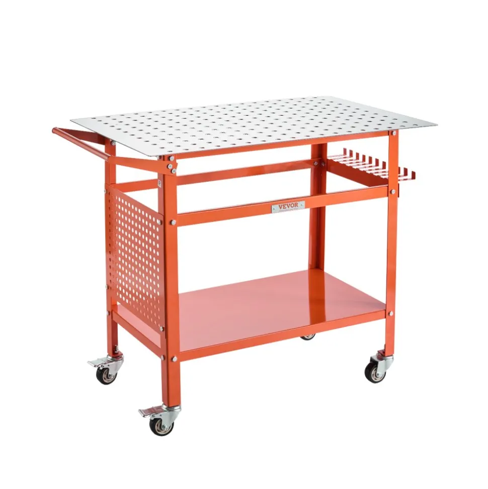 VEVOR Welding Table, 40" x 24" Welding Workbench Table with 800LBS Static Weight Capacity, Movable Steel Work Bench with 4 Wheels (2 with Brake), Double-Layer Storage Board and 5/8-inch Fixture Holes