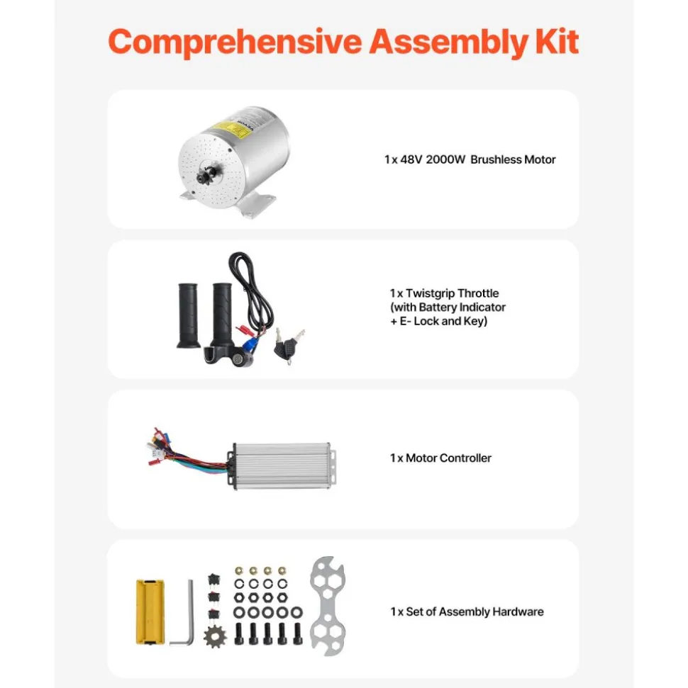 VEVOR 2000W Electric Brushless DC Motor Kit - 48V 4300rpm Motor with Upgraded Speed Controller and Throttle Grip Kit for Go Karts E-Bike Motorcycle Scooter DIY