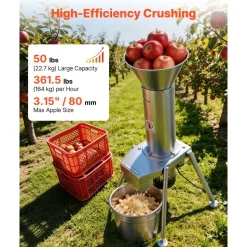 VEVOR 1100W Electric Fruit Apple Crusher, SUS304 Freestanding Crushing Machine, Grinds Whole Apples Up to 3.15