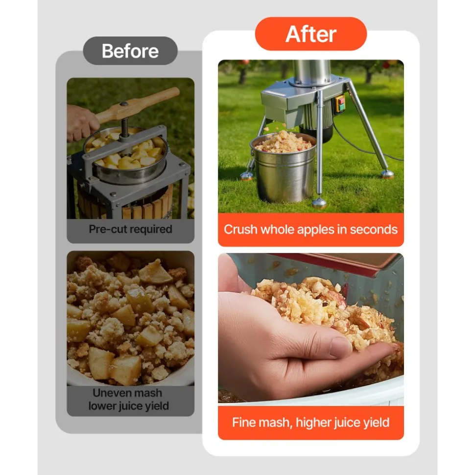 VEVOR 1100W Electric Fruit Apple Crusher, SUS304 Freestanding Crushing Machine, Grinds Whole Apples Up to 3.15" Dia, 164 KG/H Capacity, Cider Press for Apples, Pears, Pineapple, Guava, Carrot, Potato