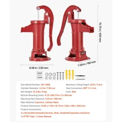 VEVOR Well Hand Pitcher Pump, 25 ft Maximum Lift, Antique Cast Iron Manual Hand Water Pump, NPT 1-1/4 in Connection, Easy Installation, Old Fashioned for Outdoor Garden, Pond, Backyard, Farm, Red