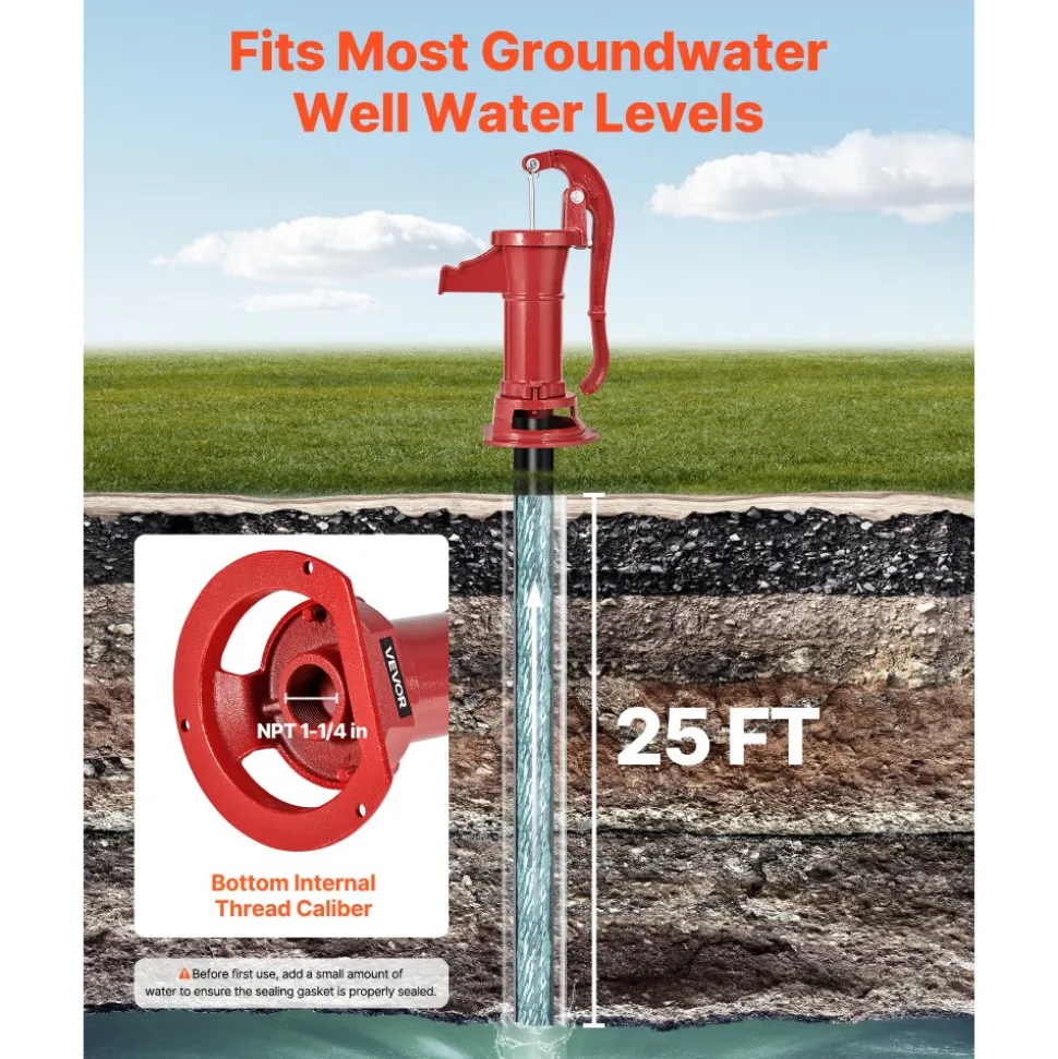 VEVOR Well Hand Pitcher Pump, 25 ft Maximum Lift, Antique Cast Iron Manual Hand Water Pump, NPT 1-1/4 in Connection, Easy Installation, Old Fashioned for Outdoor Garden, Pond, Backyard, Farm, Red