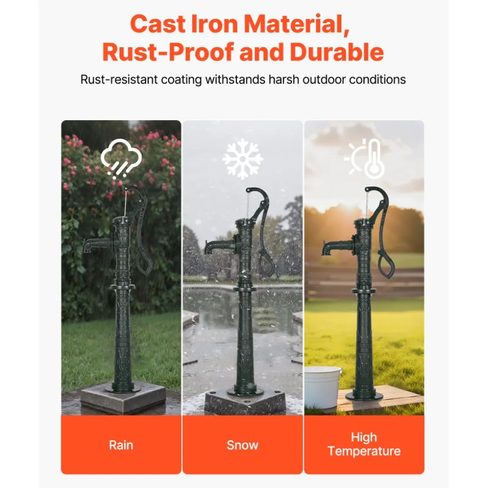VEVOR Well Hand Pitcher Pump, 20 ft Max Lift, Antique Cast Iron Manual Hand Water Pump with Heightening Base, NPT 1-1/4 in Connection, Easy Installation, for Outdoor Garden, Pond, Yard, Farm, Green