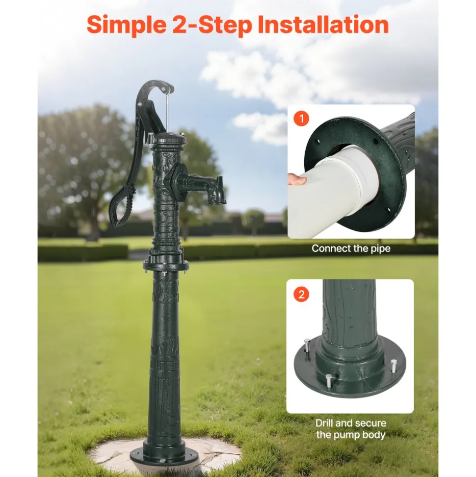 VEVOR Well Hand Pitcher Pump, 20 ft Max Lift, Antique Cast Iron Manual Hand Water Pump with Heightening Base, NPT 1-1/4 in Connection, Easy Installation, for Outdoor Garden, Pond, Yard, Farm, Green