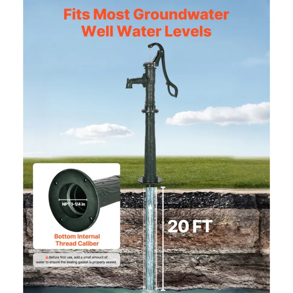 VEVOR Well Hand Pitcher Pump, 20 ft Max Lift, Antique Cast Iron Manual Hand Water Pump with Heightening Base, NPT 1-1/4 in Connection, Easy Installation, for Outdoor Garden, Pond, Yard, Farm, Green