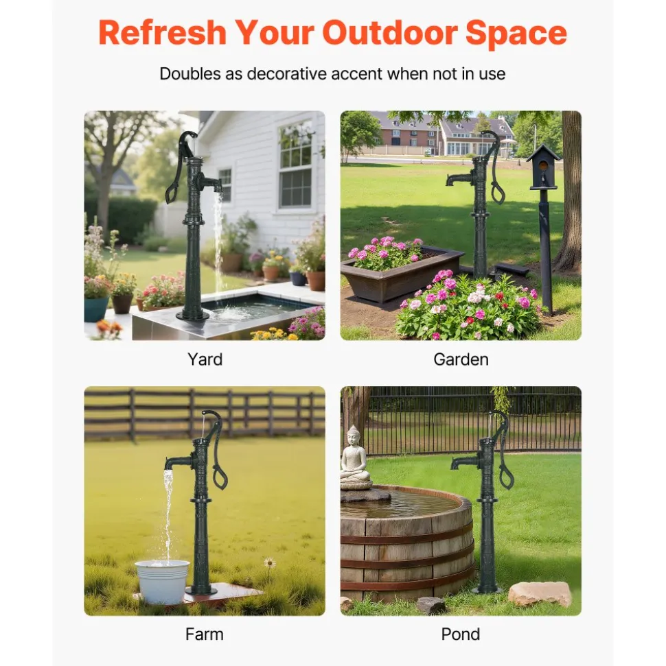 VEVOR Well Hand Pitcher Pump, 20 ft Max Lift, Antique Cast Iron Manual Hand Water Pump with Heightening Base, NPT 1-1/4 in Connection, Easy Installation, for Outdoor Garden, Pond, Yard, Farm, Green
