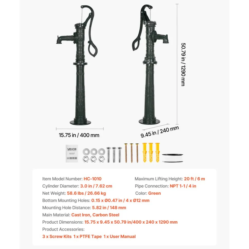 VEVOR Well Hand Pitcher Pump, 20 ft Max Lift, Antique Cast Iron Manual Hand Water Pump with Heightening Base, NPT 1-1/4 in Connection, Easy Installation, for Outdoor Garden, Pond, Yard, Farm, Green