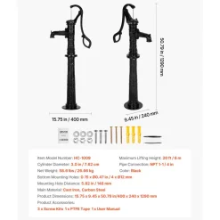 VEVOR Well Hand Pitcher Pump, 20 ft Max Lift, Antique Cast Iron Manual Hand Water Pump with Heightening Base, NPT 1-1/4 in Connection, Easy Installation, for Outdoor Garden, Pond, Yard, Farm, Black