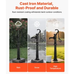 VEVOR Well Hand Pitcher Pump, 20 ft Max Lift, Antique Cast Iron Manual Hand Water Pump with Heightening Base, NPT 1-1/4 in Connection, Easy Installation, for Outdoor Garden, Pond, Yard, Farm, Black