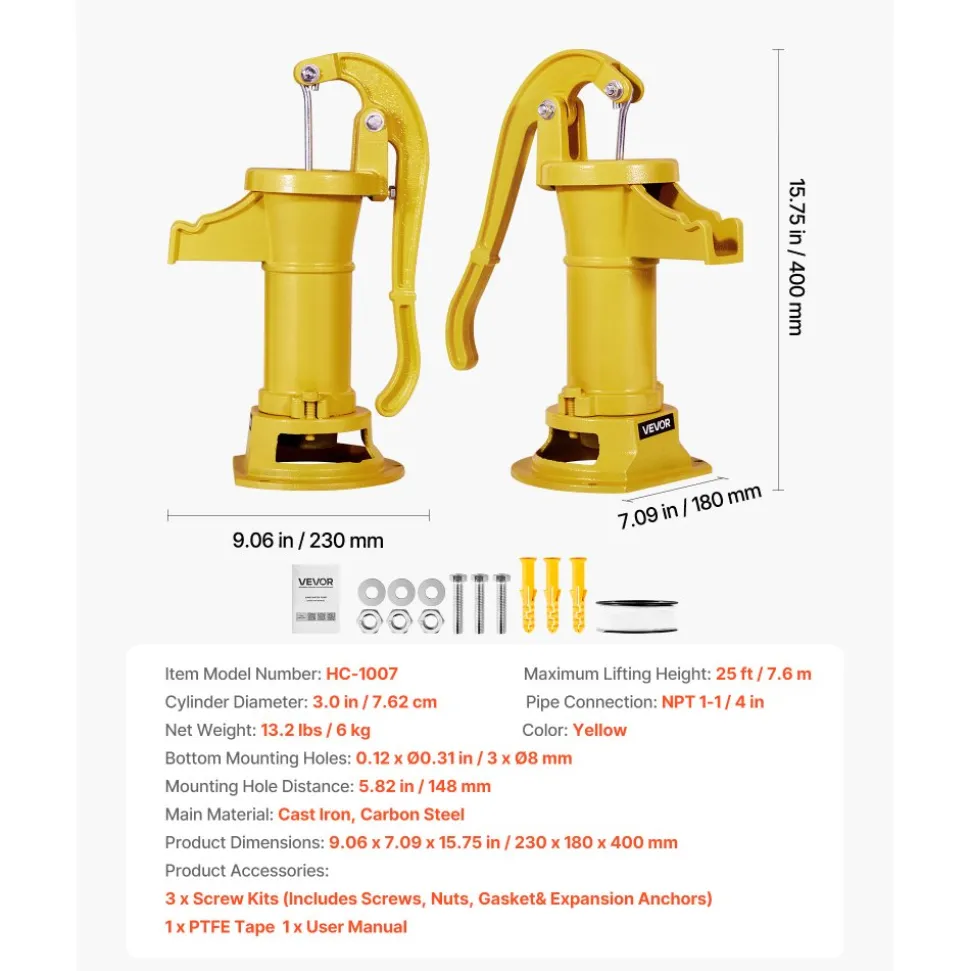 VEVOR Well Hand Pitcher Pump, 25 ft Maximum Lift, Antique Cast Iron Manual Hand Water Pump, NPT 1-1/4 in Connection, Easy Installation, Old Fashioned for Outdoor Garden, Pond, Backyard, Farm, Yellow