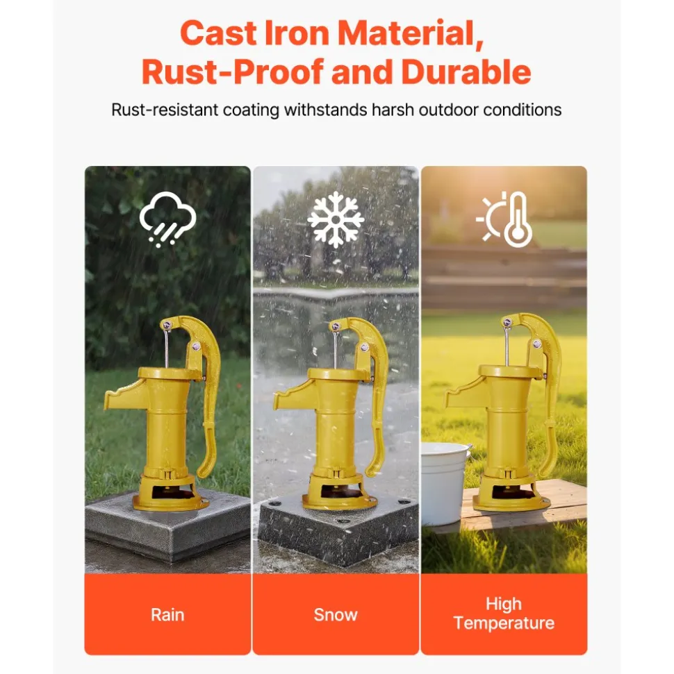 VEVOR Well Hand Pitcher Pump, 25 ft Maximum Lift, Antique Cast Iron Manual Hand Water Pump, NPT 1-1/4 in Connection, Easy Installation, Old Fashioned for Outdoor Garden, Pond, Backyard, Farm, Yellow