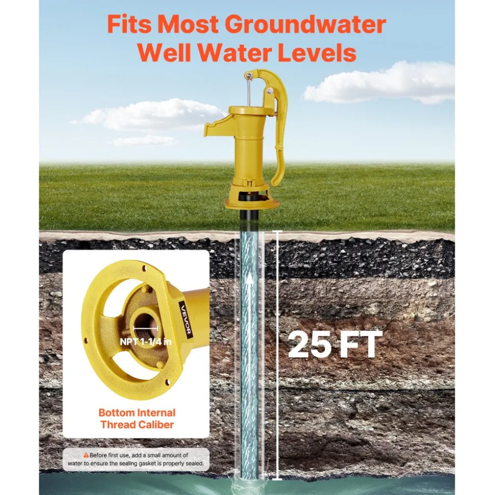 VEVOR Well Hand Pitcher Pump, 25 ft Maximum Lift, Antique Cast Iron Manual Hand Water Pump, NPT 1-1/4 in Connection, Easy Installation, Old Fashioned for Outdoor Garden, Pond, Backyard, Farm, Yellow