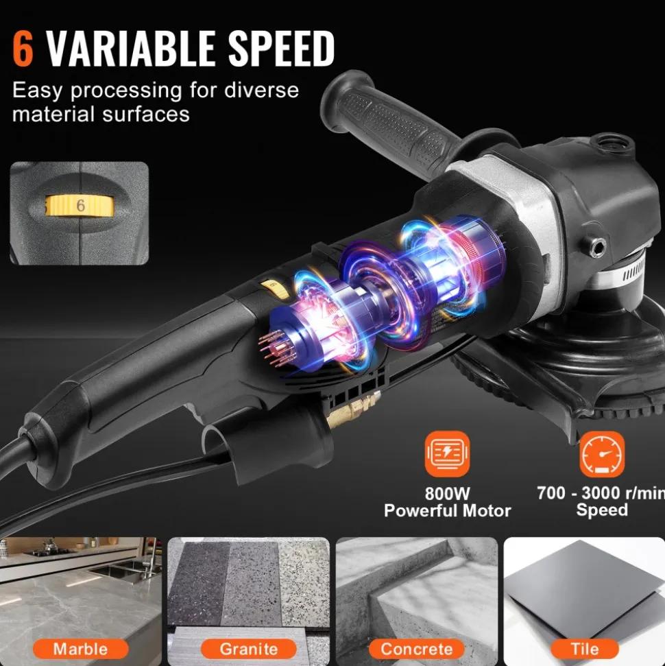 VEVOR Wet Polisher 800W, 4" Concrete Grinder with 6 Variable Speed and 7 Polishing Kits, Wet Grinder Machine for Marble, Granite, Stone, Rock, Tile, Equipped with a GFCI Switch, (700 - 3000 RPM)