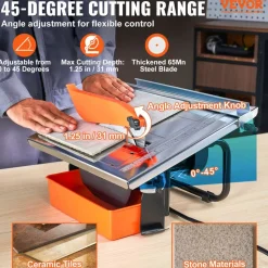 VEVOR Wet Tile Saw, 7-inch 65Mn Steel Blade, 3500 RPM Induction Motor, Tile Cutter Wet Saw with Water Reservoir, 0-45 Degrees Miter Angle for Cutting Tiles and Stones, for DIY Enthusiasts