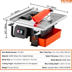 VEVOR Wet Tile Saw, 7-inch 65Mn Steel Blade, 3500 RPM Induction Motor, Tile Cutter Wet Saw with Water Reservoir, 0-45 Degrees Miter Angle for Cutting Tiles and Stones, for DIY Enthusiasts