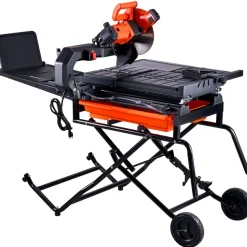 VEVOR Wet Tile Saw with Stand, 10-inch 65Mn Steel Blade, 4500 RPM Motor, Tile Cutter Wet Saw with Water Reservoir and Casters, 0-45 Degrees Miter Angle for Cutting Tiles, Floor Tiles, and Stones