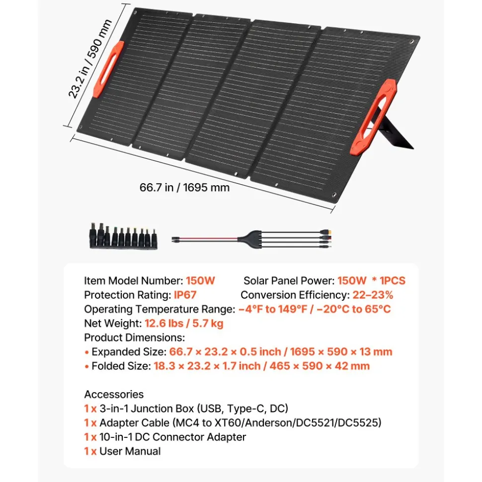 VEVOR 150W Foldable Monocrystalline Solar Panel, 23% Efficiency Portable ETFE Mono Solar Panel Charger with MC4 Output, Type-C, QC3.0 USB & DC Ports, IP67 Waterproof for Power Stations Camping Hiking