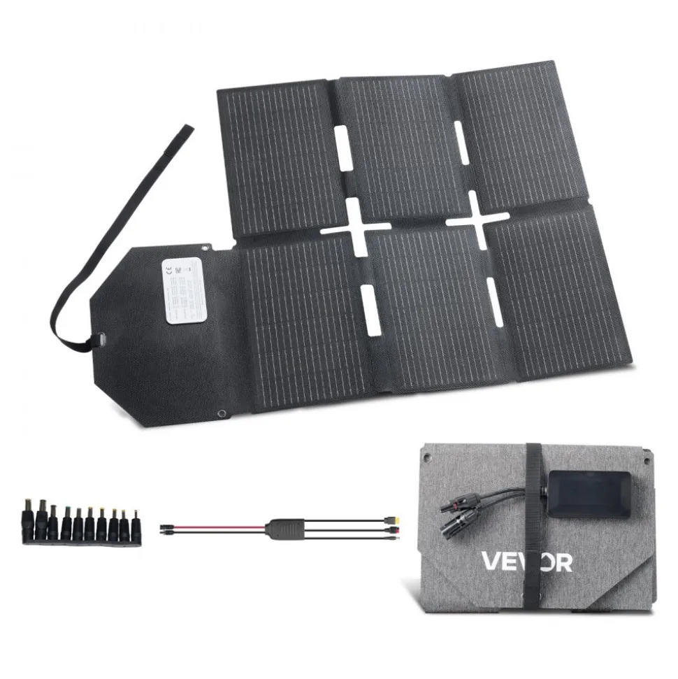 VEVOR 60W Foldable Solar Panel Charger, 16BB N-Type Monocrystalline Solar Panel 24% Efficiency, Lightweight Portable with MC4 Output, Type-C, USB-A & DC Ports for Power Stations Camping Hiking