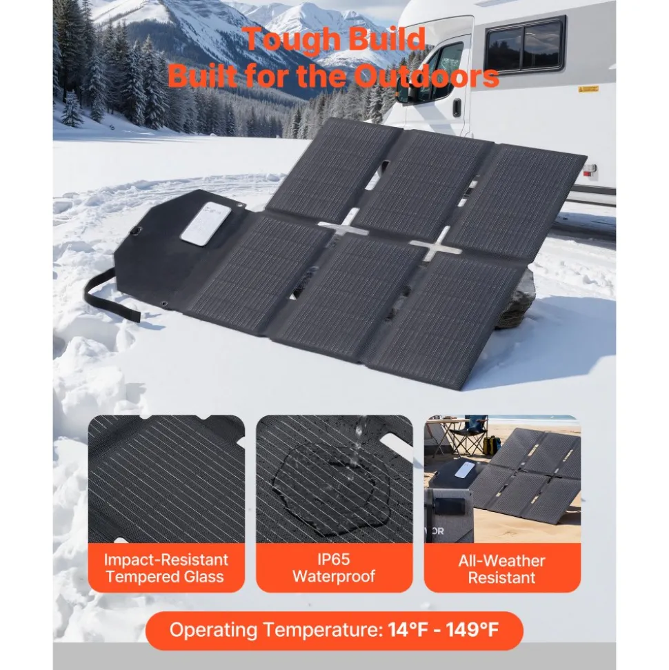 VEVOR 60W Foldable Solar Panel Charger, 16BB N-Type Monocrystalline Solar Panel 24% Efficiency, Lightweight Portable with MC4 Output, Type-C, USB-A & DC Ports for Power Stations Camping Hiking