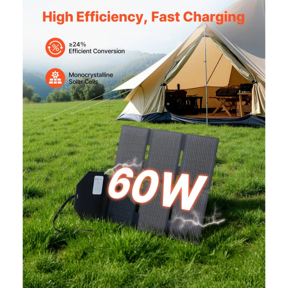VEVOR 60W Foldable Solar Panel Charger, 16BB N-Type Monocrystalline Solar Panel 24% Efficiency, Lightweight Portable with MC4 Output, Type-C, USB-A & DC Ports for Power Stations Camping Hiking