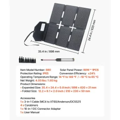 VEVOR 60W Foldable Solar Panel Charger, 16BB N-Type Monocrystalline Solar Panel 24% Efficiency, Lightweight Portable with MC4 Output, Type-C, USB-A & DC Ports for Power Stations Camping Hiking