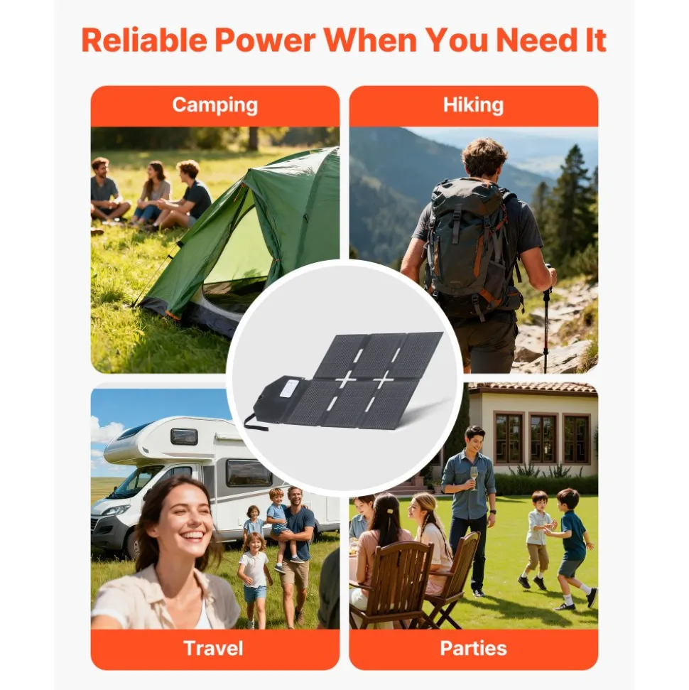 VEVOR 60W Foldable Solar Panel Charger, 16BB N-Type Monocrystalline Solar Panel 24% Efficiency, Lightweight Portable with MC4 Output, Type-C, USB-A & DC Ports for Power Stations Camping Hiking