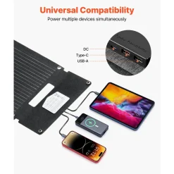 VEVOR 30W Foldable Solar Panel Charger, 16BB N-Type Monocrystalline Solar Panel 24% Efficiency, Ultra-Light Portable with USB-A, USB-A (QC3.0) & Type-C Ports for Camping, Backpacking, Phones, Tablets