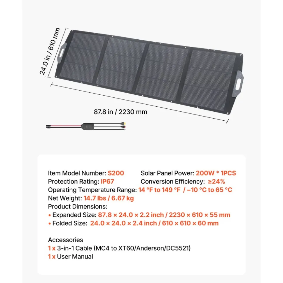 VEVOR 200W Foldable Solar Panel, 24% High-Efficiency Portable Monocrystalline Solar Panel Charger with MC4 Output, USB-A, Type-C & DC Ports, IP67 Waterproof for Power Stations, Camping, Hiking Trips