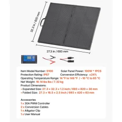 VEVOR 100W Foldable Solar Panel with Frame, 16BB N-Type Portable Monocrystalline Solar Panel Charger 24% Efficiency, IP67 Waterproof with 30A PWM Controller & MC4 Output for Camping, Hiking, RV Trips