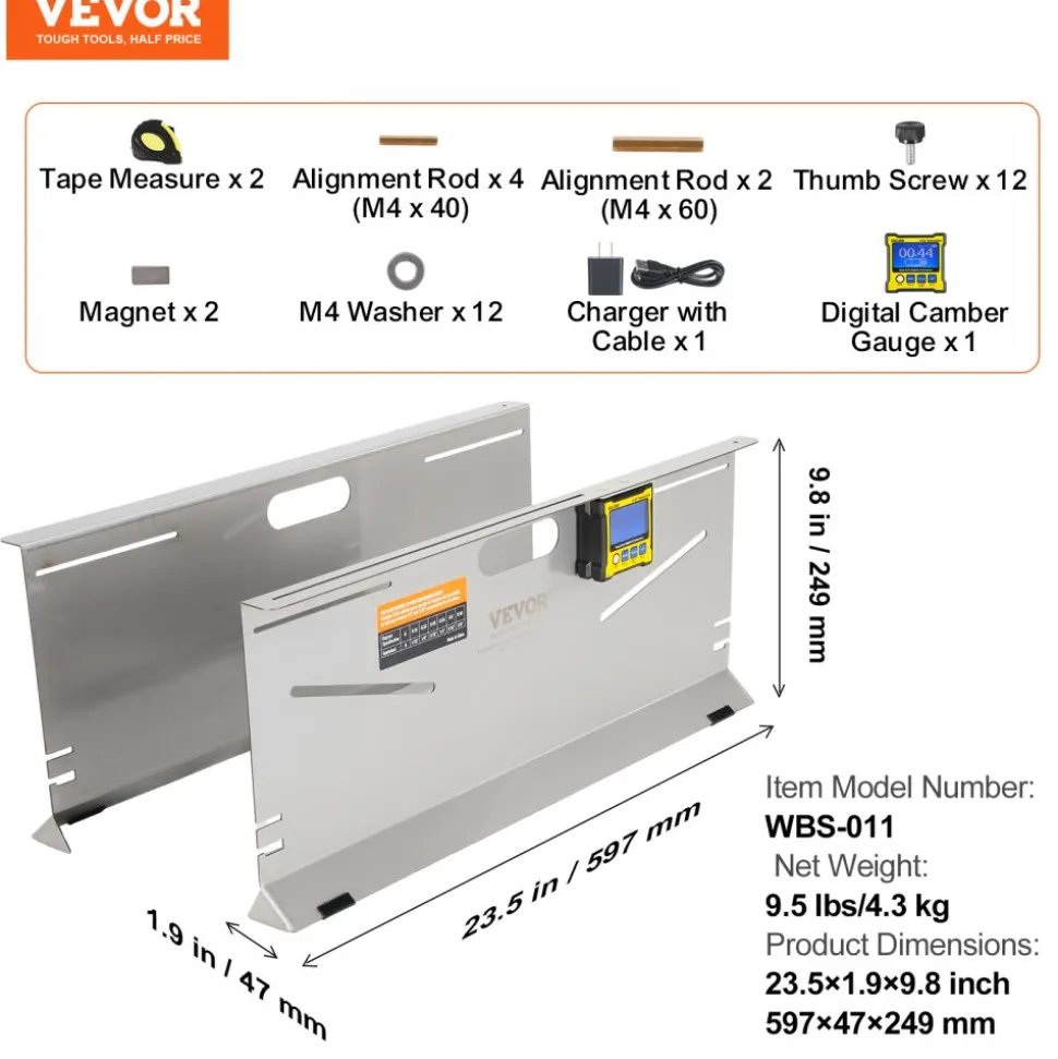 VEVOR Wheel Alignment Tool, 2-Pack Toe Plates, Camber/Caster/Toe Gauge 0.1° Accuracy, Stainless Steel Tool Plate, Magnetic Slots and 6 Alignment Rods, Includes 2 Measuring Tapes & Conversion Chart