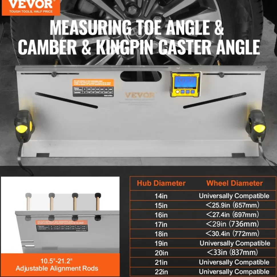 VEVOR Wheel Alignment Tool, 2-Pack Toe Plates, Camber/Caster/Toe Gauge 0.1° Accuracy, Stainless Steel Tool Plate, Magnetic Slots and 6 Alignment Rods, Includes 2 Measuring Tapes & Conversion Chart